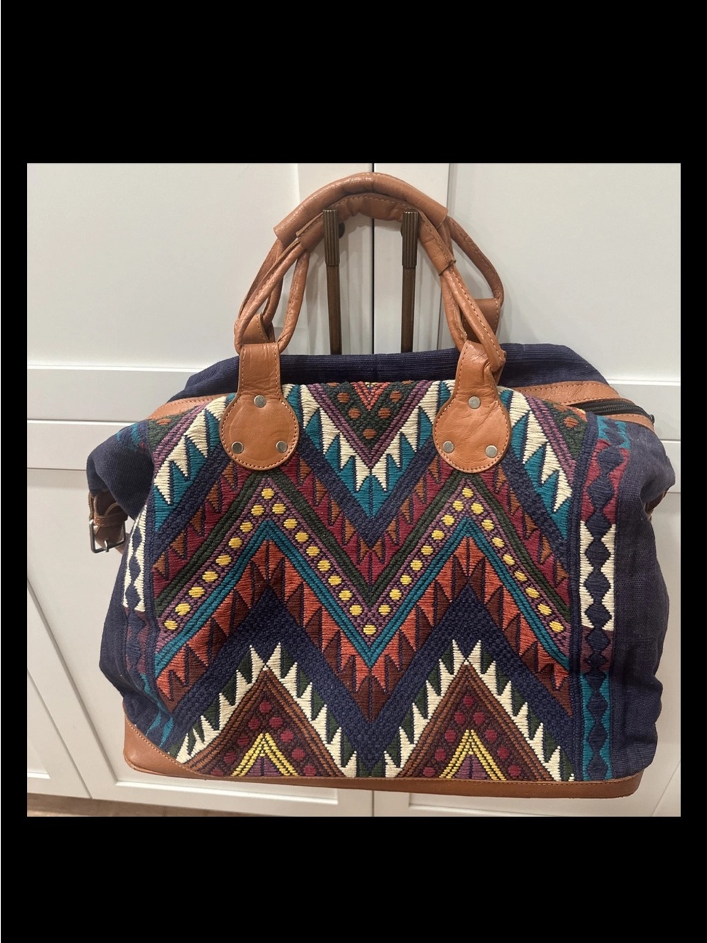 Vintage Guatemalan Huipil Weekender Bag Woven Textile Leather Travel Boho Zipper